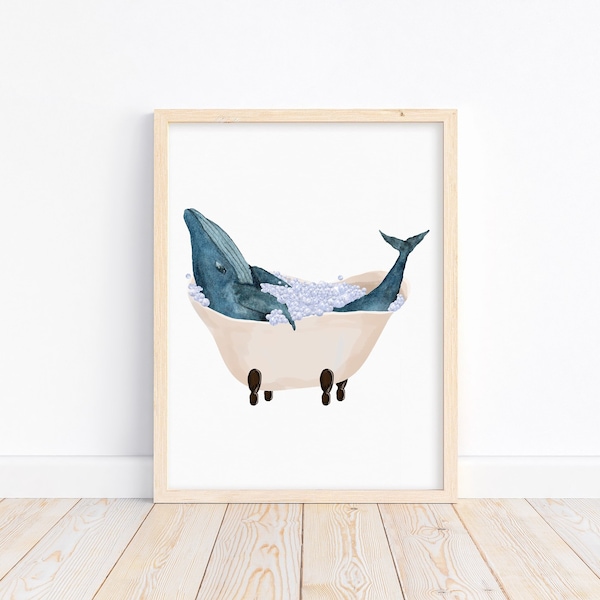 Instant Download Watercolor Humpback Whale in Tub Bathroom Printable Washroom Nautical Sea Life Home Decor Wall Art Printable