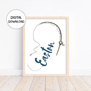 Personalized Fishing Pole Nursery Print: Watercolor Nautical Decor (Digital Download)