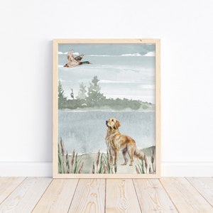 Watercolor Golden Retriever Duck Hunting Print: Rustic Nursery Decor