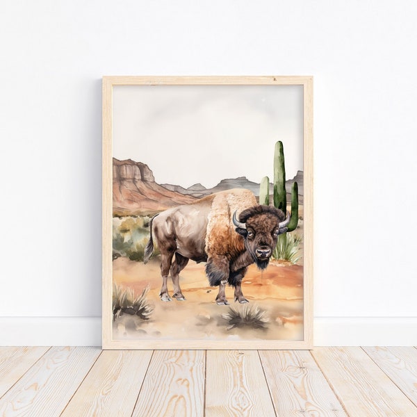 Watercolor Buffalo Nursery Bison Little Boys Room Unframed Print Rustic Outdoor Cactus Themed Decor