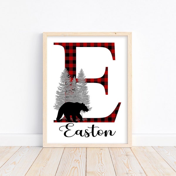 Personalized Woodland Bear Buffalo Plaid Baby Boy Nursery Decor Wall Art Print - Baby Name Letter Initial Monogram Rustic Outdoor Theme