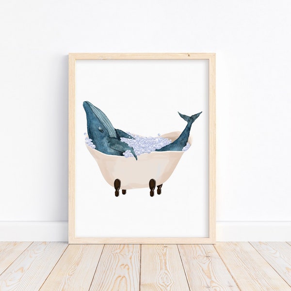 Watercolor Humpback Whale in Tub Bathroom Unframed Prints Washroom Nautical Sea Life Home Decor Wall Art Print