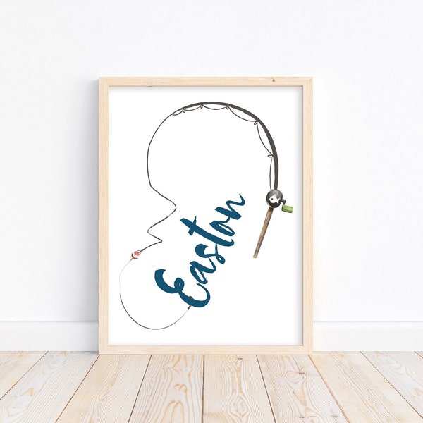 Personalized Watercolor Fishing Pole Nursery or Little Boys Room Unframed Print, Rustic Outdoor Nautical Themed Decor