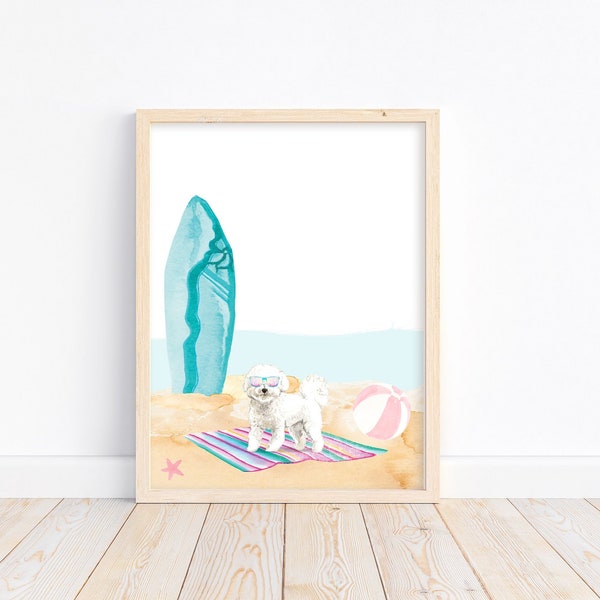 Téléchargement instantané Bichon frisé chiot chien à plage aquarelle Illustration amoureux des chiens imprimable, décor de pépinière, chambre d’enfant ou salle de lavage