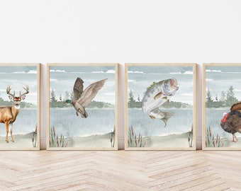 Watercolor Deer Turkey Fish Mallard Duck Hunting Themed Nursery Set of 4 Unframed Prints