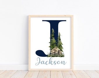 Personalized Woodland Bear Rustic Outdoor Wilderness Themed Baby Boy Nursery Decor Unframed Print - Baby Name Letter Initial Monogram
