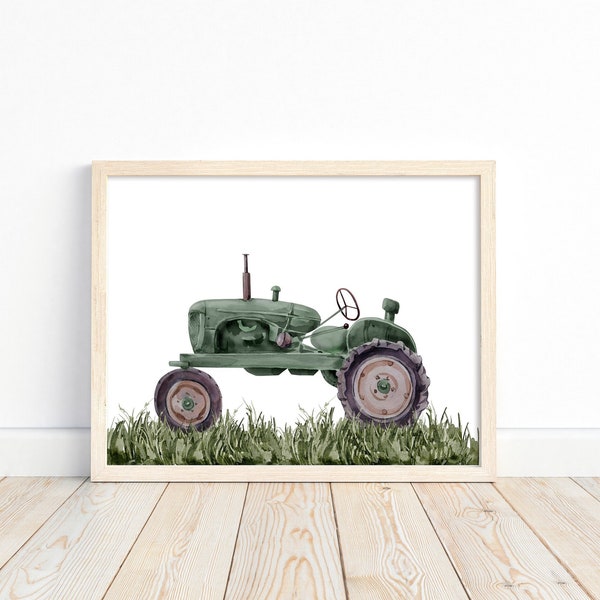 Watercolor Barn Green Tractor Barnyard Rustic Farm Nursery Decor Unframed Farmhouse Print