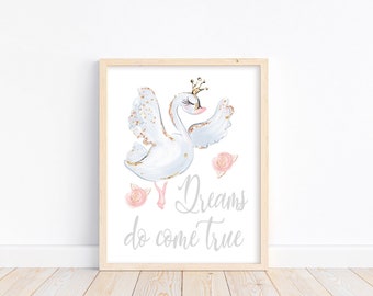 Watercolor Ballerina Swan Pink White and Gold Ballet Nursery Little Girls Room Decor Unframed Print - Dreams Do Come True