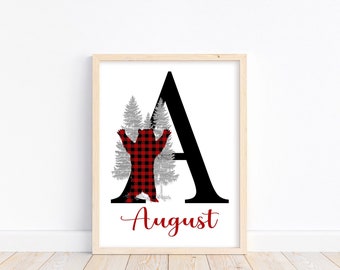 Personalized Woodland Bear Red Buffalo Plaid Baby Boy Nursery Decor Unframed Print - Baby Name Letter Initial Monogram Rustic Outdoor Theme