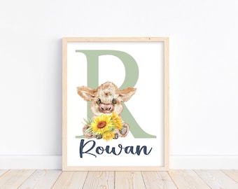 Personalized Highland Cow Sunflower Nursery Print Baby Name Initial Unframed Wall Art