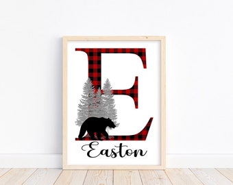 Personalized Woodland Bear Buffalo Plaid Nursery Decor Printable - Baby Name Letter Initial Monogram Rustic Outdoor Theme Instant Download