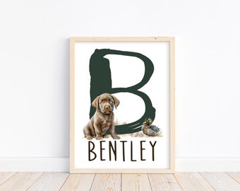 Personalized Watercolor Chocolate Lab Puppy and Duckling Rustic Wilderness Outdoor Hunting Nursery Decor Unframed Print - Name and Initial
