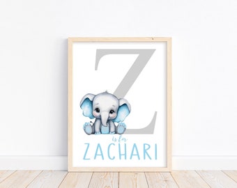 Personalized Elephant Nursery Print: Blue Watercolor Baby Boy Decor