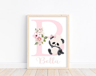 Personalized Watercolor Panda Floral Pink Baby Girl Nursery Decor Printable - Baby Name Letter Initial Monogram - Digital Download