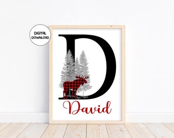 Personalized Woodland Moose Buffalo Plaid Nursery Decor Printable Baby Name Letter Initial Monogram Rustic Outdoor Theme Digital Download