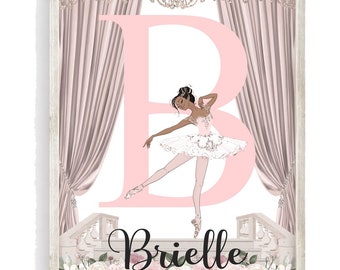 Personalized Watercolor African American Ballerina Unframed Kids Ballet Print - Baby Name Letter Initial Monogram