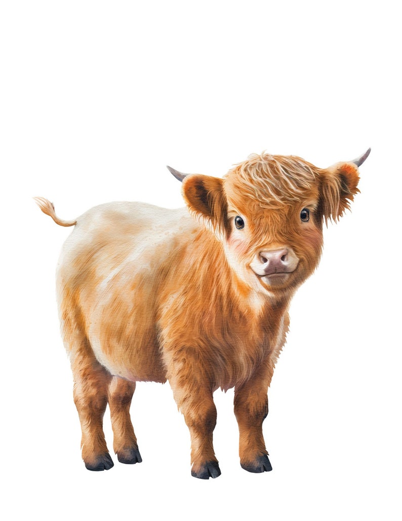 May include: A fluffy, light brown Highland cow calf with a white patch on its side stands facing the camera with its head tilted slightly. The calf has a friendly expression and its ears are perked up.