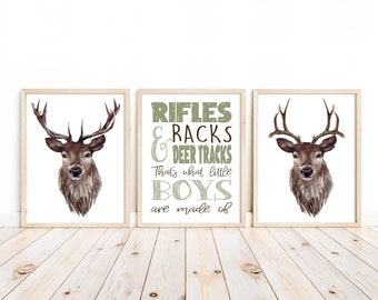 Deer What Little Boys Are Made Of Watercolor Nature Nursery Unframed Set of 3 Prints Rustic Hunting Outdoor Themed Decor