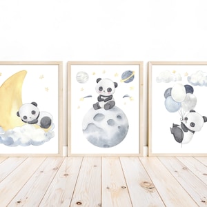 Watercolor Panda Nursery Prints: Moon, Stars, Balloons - Set of 3