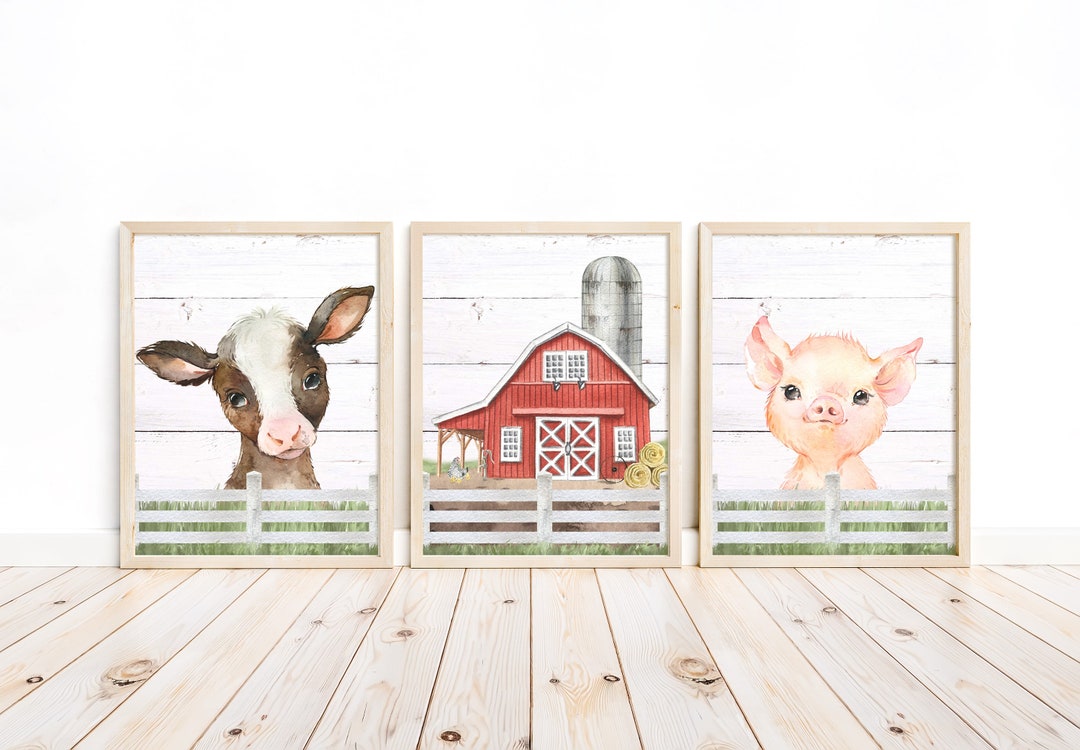 Watercolor Farm Animal Nursery Rustic Barnyard Decor Set of 3 Unframed ...