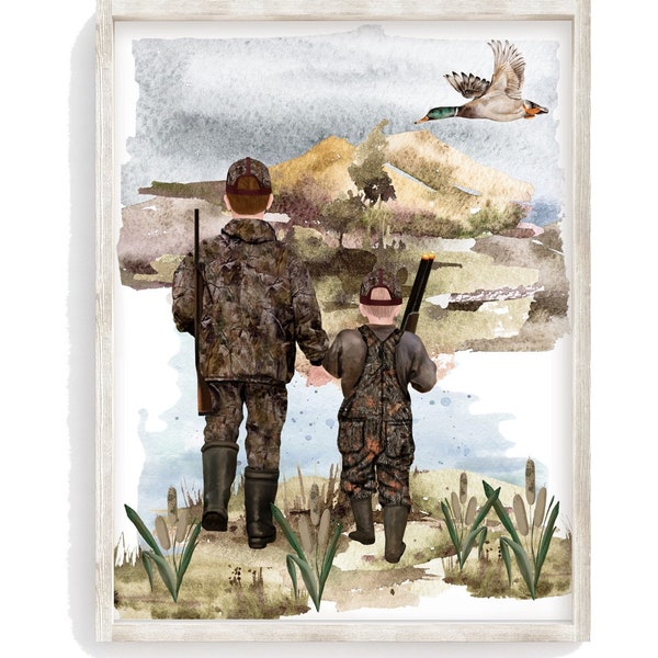 Watercolor Father Son Duck Hunting Nursery Little Boys Room Unframed Print, Rustic Outdoor Themed Decor