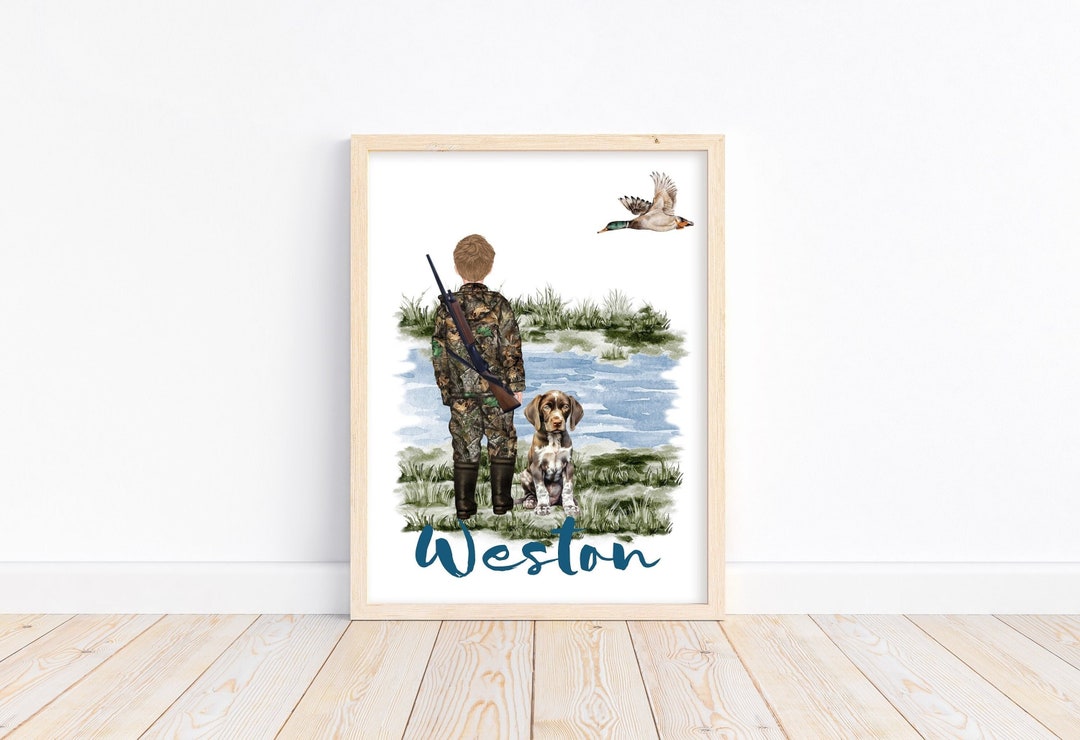 Instant Download Watercolor Little Boy Duck Hunting With German