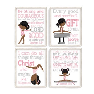Gymnastics Nursery Decor: African American Girl, Bible Verse Prints (Set of 4)