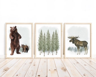 Woodland Nursery Decor: Bear, Moose, and Trees Watercolor Prints (Set of 3)