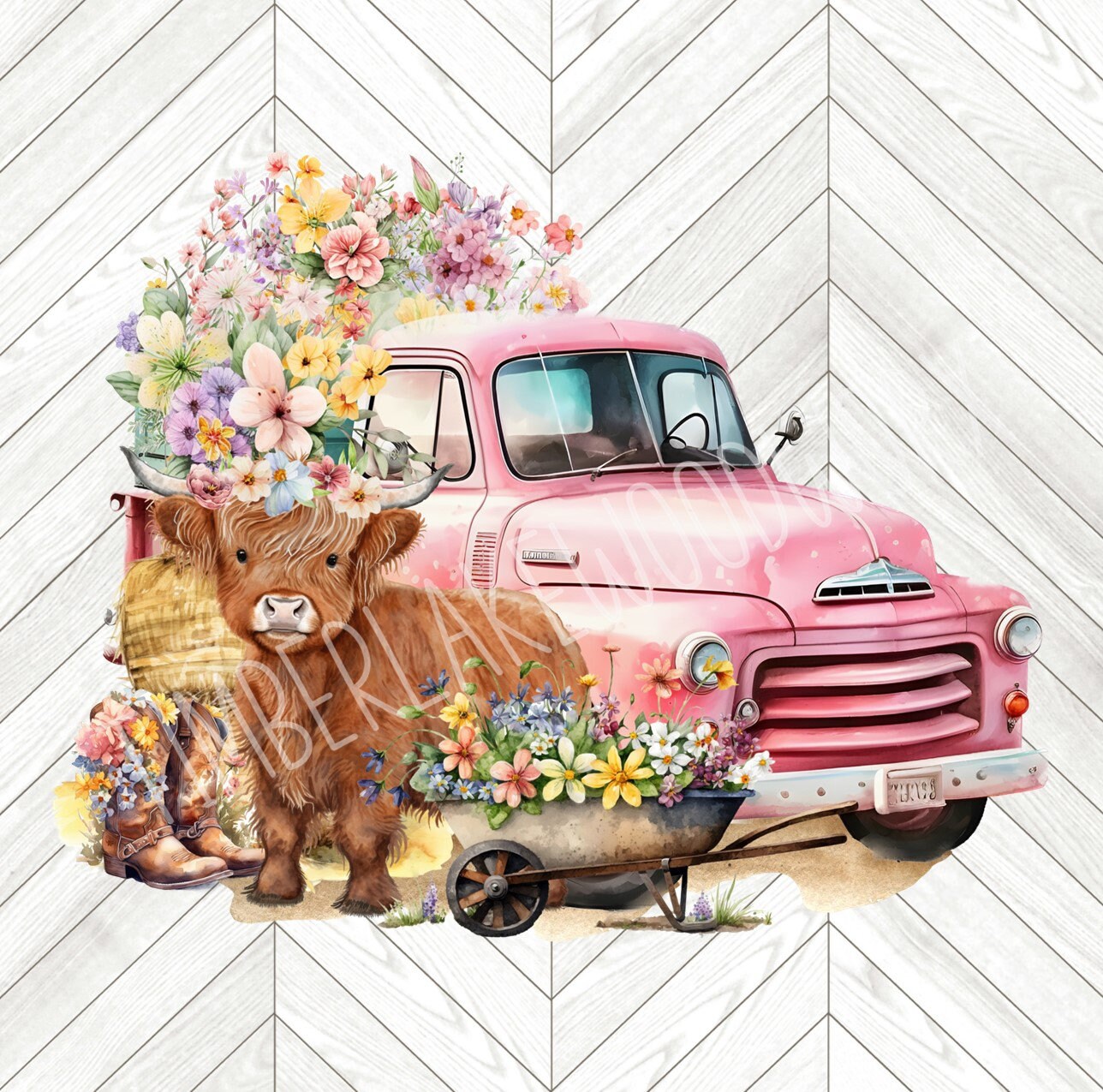 Highland Cow Floral Pink Vintage Truck PNG Sublimation Designs Digital ...