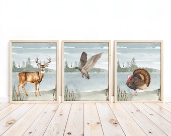 Watercolor Hunting Nursery Decor Deer Mallard Duck Turkey Set of 3 Unframed Prints