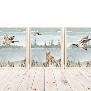 Duck Hunting Nursery Prints: Watercolor Mallard & Golden Retriever (Set of 3 Digital Download)