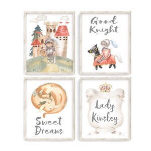 Personalized Watercolor Fairytale Lady Knight and Castle Nursery Set of 4 Unframed Prints, Coat of Arms