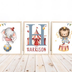Persoanlized Safari Elephant Lion Circus Animals Themed Nursery Decor Set of 3 Unframed Prints