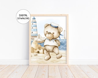 Sailor Teddy Bear Nursery Print: Nautical Ocean Theme (Digital Download)