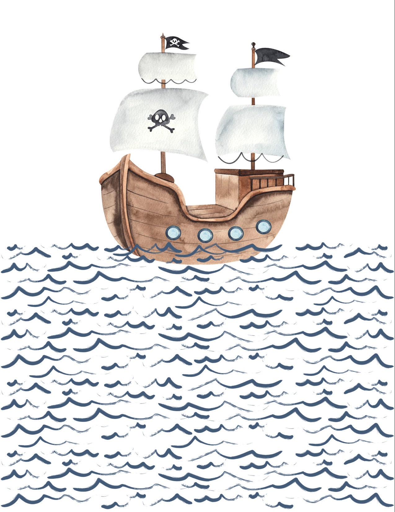 Nautical Waves Pirate Ship Watercolor Minimalist Coastal Themed Home ...