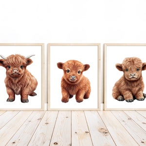 Highland Cow Rustic Farm Watercolor Nursery Decor Set of 3 Unframed Farmhouse Farm Baby Calf Prints
