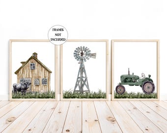 Farmhouse Nursery Prints: Barn, Tractor, Windmill Watercolor Set