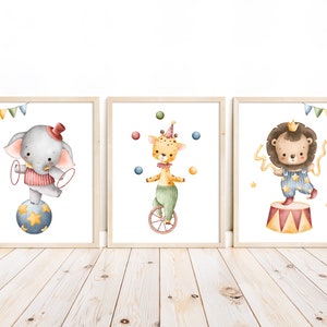 Safari Elephant Lion Giraffe Watercolor Circus Animals Themed Nursery Decor Set of 3 Unframed Prints