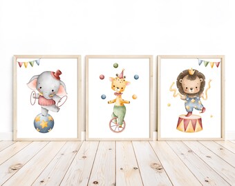 Safari Circus Animals Watercolor Prints: Nursery Decor Set