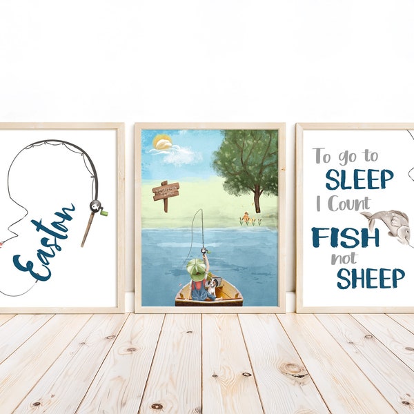 Personalized Little Boy Fishing in Boat with Dog Nursery Decor Set of 3 Unframed Rustic Outdoor Nautical Prints To Go To Sleep I Count Fish