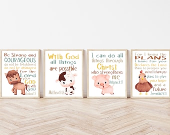 May include: Four printable wall art prints with inspirational bible verses and cute animal illustrations. The prints feature a horse, cow, pig, and chicken.