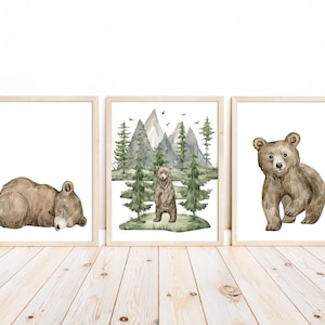Baby Bear Cub Woodland Forest Animals Wilderness Watercolor Nursery Decor Set of 3 Unframed Prints