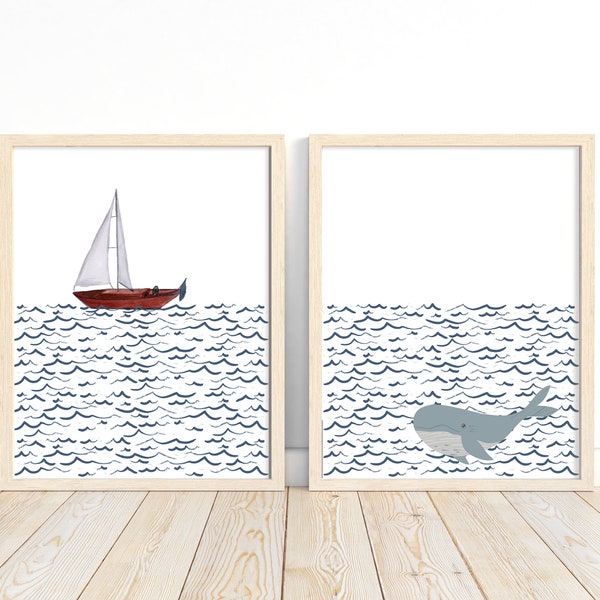 Nautical Waves Sailboat and Whale Watercolor Nursery Set of 2 Unframed Prints, Minimalist Nautical Themed Home Decor