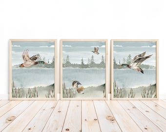 Watercolor Duck Hunting Nursery Mallard Duck and Beagle Set of 3 Unframed Prints