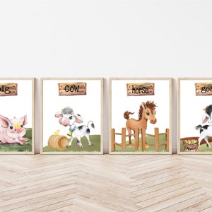 Farm Animal Nursery Prints: Pig, Cow, Horse, Goat - Set of 4