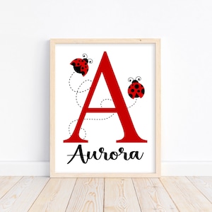 Personalized Ladybug Red and Black Baby Girl Nursery Unframed Print - Baby Name Initial Monogram