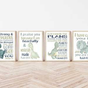 Watercolor Prehistoric Dinosaur Christian Nursery Decor Set of 4 Unframed Prints with Bible Verses