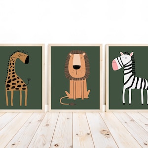 Boho Safari Animals Nursery Prints: Green Zebra, Lion, Giraffe (Set of 3)