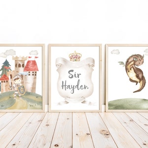Personalized Watercolor Fairytale Knight Castle Nursery Set of 3 Unframed Prints, Coat of Arms