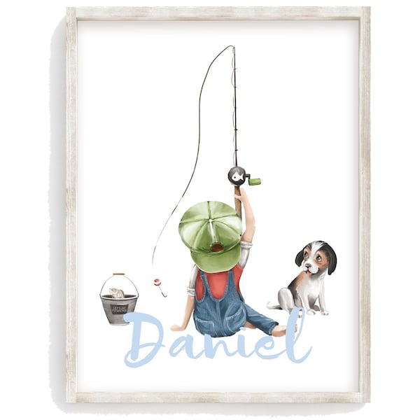 Personalized Watercolor Fishing Nursery or Little Boys Room Print, Rustic Outdoor Nautical Themed Decor - Fishing Boy with Dog